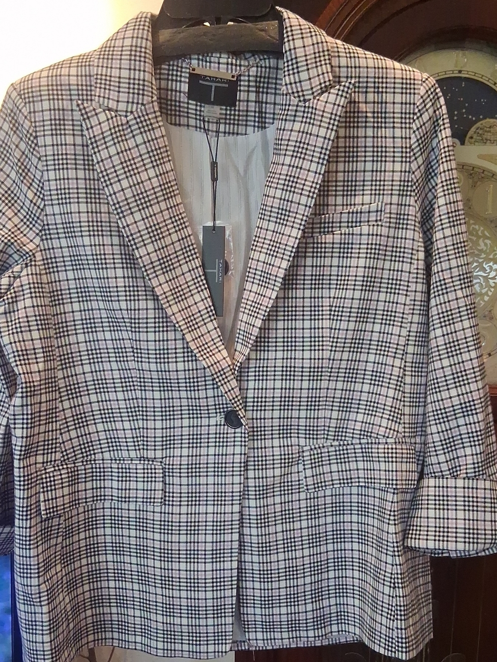 Tahari Black, White, And Lavender Plaid Single-Button Blazer
